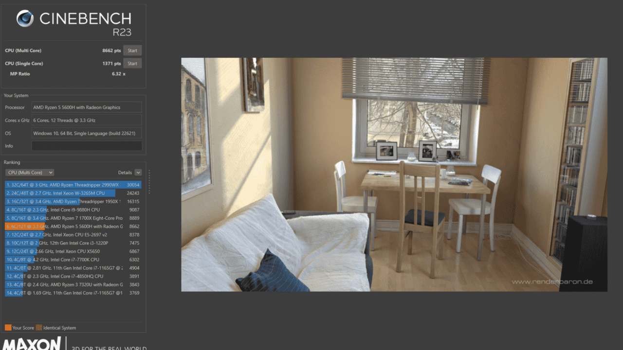 Cine Bench Results of Asus Vivobook 16x Ryzen 5 5600H