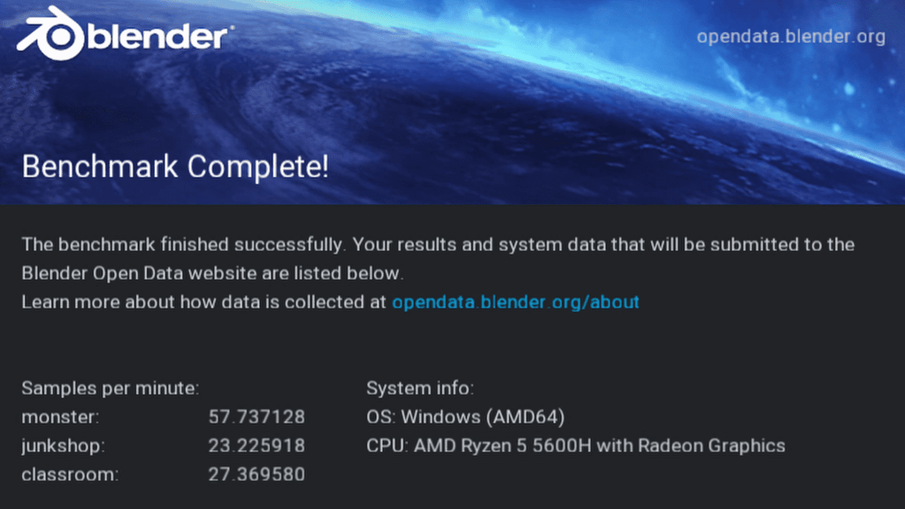 Blender test of asus vivobook 16x ryzen 5 5600h